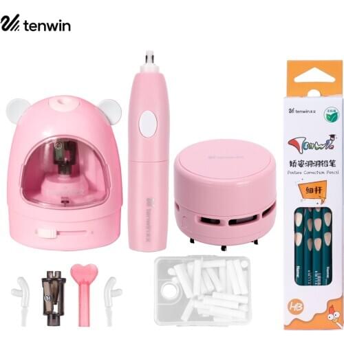 Electric Pencil Sharpener Eraser Vacuum Cleaner Set Stationery Set Battery Operated with 50 Eraser Refills for Kids Adults Home