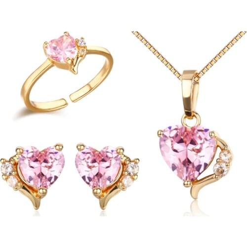 Cute Gold Color Peach Heart Pink CZ Zircon Pendant Necklace Stud Earrings Ring Small Jewelry Sets for Children Girls Kids Baby