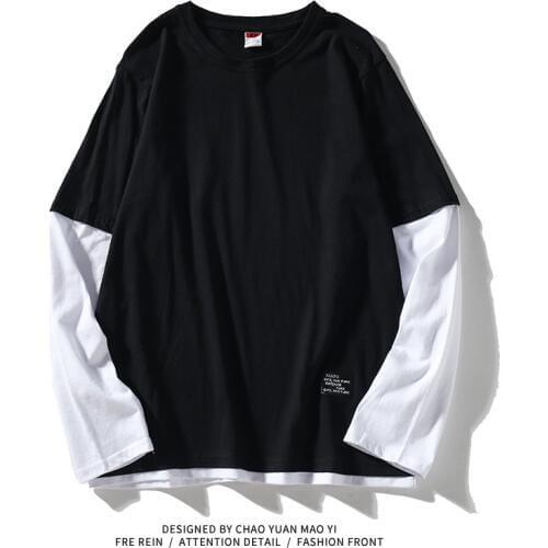 High Quality Autumn Spring Fashion Oversiz Fake Two Pieces Tshirt Mens Long Sleeve Casual O Neck T-Shirt For Man TOP TEES