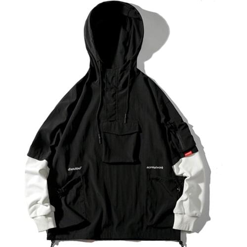 2021 Popular New Style Men Fake Two Piece Patchwork Hooded Jacket Students Contrast Color Coat