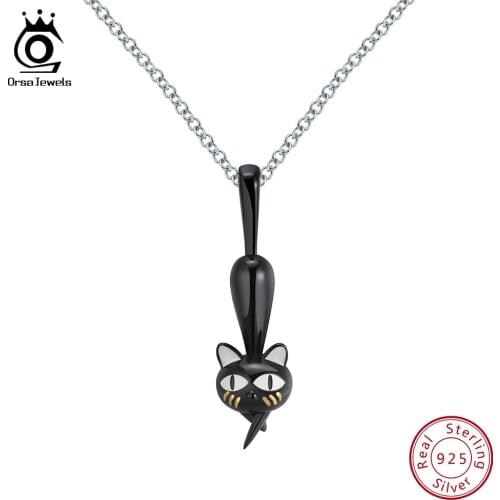 ORSA JEWELS Authentic 100% 925 Sterling Silver Pendant Necklaces Black Gun Cat Hanging Hollowed Walking Cats Necklace Gift SN98