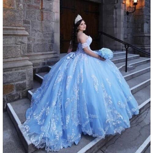 Stunning Bahama Blue Sweet 16 Quinceanera Dresses Sequins Lace Applique Sweetheart Removeable Short Sleeve vestido de 15 anos