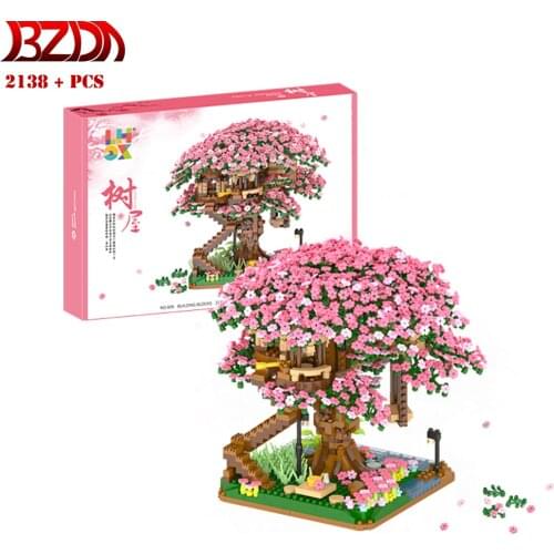 SEMBO Mini Japanese Cherry Sakura Tree House Bricks City Street View Friend Inari Shrine House Tree Blocks Boy Toys Gift