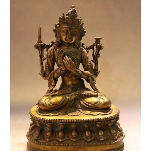 10"Tibetan Buddhism Temple Old Bronze 24K Gold Maitreya Buddha Kwan-Yin Statue