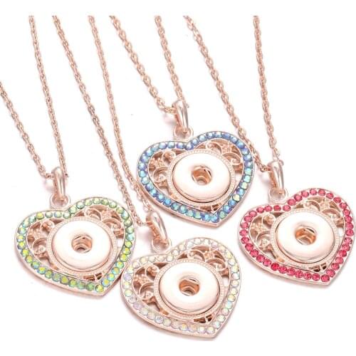 New Snap Jewelry Rose Gold PLated Crystal Rhinestone Love Heart 18mm Snap Button Necklace for Women DIY Pendant Necklace