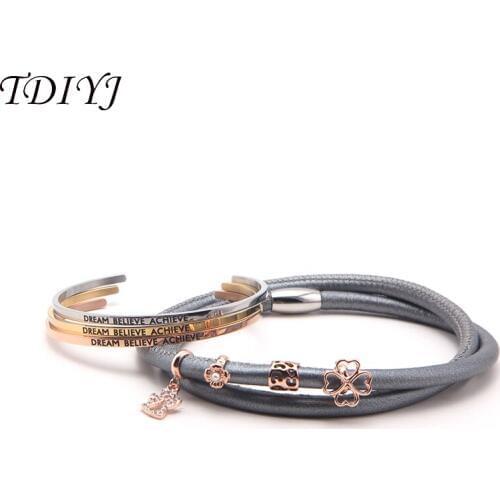 TDIYJ Dream Believed Achieved Bangle Bracelet Sheepskin Leather Bracelet Magnetic Endless Story Charms Bracelet 1Set