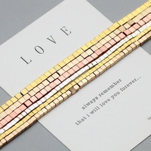 WLYeeS Matte Gold Silvers Cube Hematite beads 2mm 3mm Natural Stone Square Loose Space beads for Jewelry Making DIY Bracelet 15"