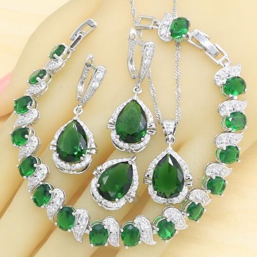 Green Semi-precious Silver Color Women Jewelry Sets Water Drop Bracelet Necklace Pendant Earrings Ring Gift Box