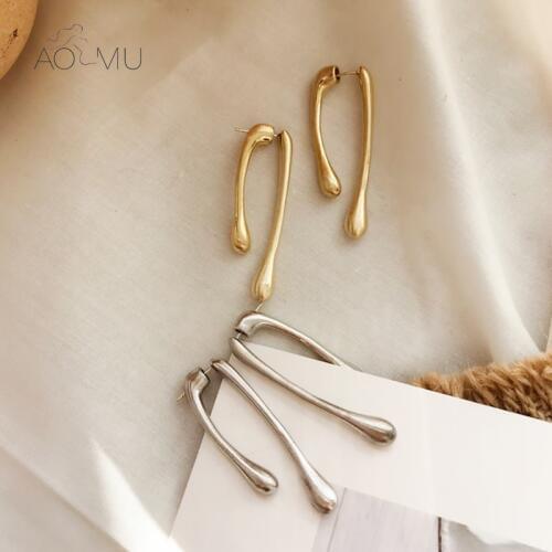AOMU New 2020 S925 Metal Chic Simple Earring Irregular Geometric Two-Piece Stud Earring for Women Gift Jewelry серьги