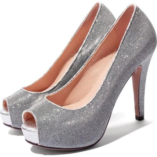 AGODOR Sexy High Heels Platform Womens Shoes Silver Glitter Stiletto Heels Pumps Spring Peep Toe Ladies Wedding Bridal Shoes