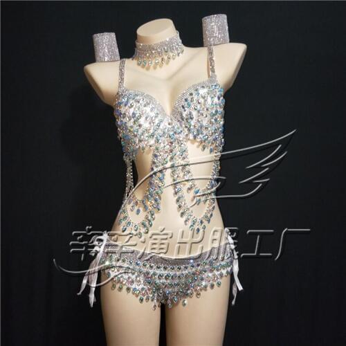 Women New Singer Parties Lavish Shiny Rhinestone Bikini Bra Sexy Set Stage Costumes Indian Jewelry Dj Ds Dance Costume Beach Set