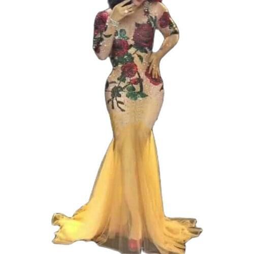 Long Sleeve Women Shining Diamonds Mermaid Yellow Voile Dress Red Rose Printed Dress Evening Prom Party Wear Nightclub Costumes