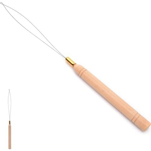 1Pcs Hair Extension Hook Pulling Tool Needle Threader Micro Rings Beads Loop Wooden Handle High Quality