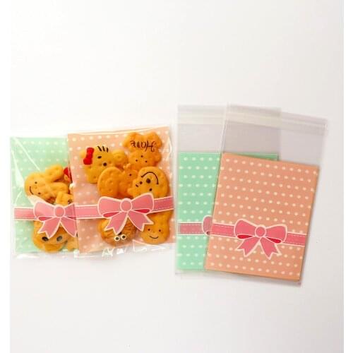 25PCS 8x10cm Pink Green Dot Bow Cookie&Candy Bag Self-Adhesive Plastic Bags For Biscuits Snack Baking Package Supplies OPP Bag