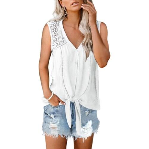 White V-Neck Hollow Out Lace Chiffon Blouse Women Shirt Elegant Sleeveless Knotted Blouses Female Tops Casual Shirts