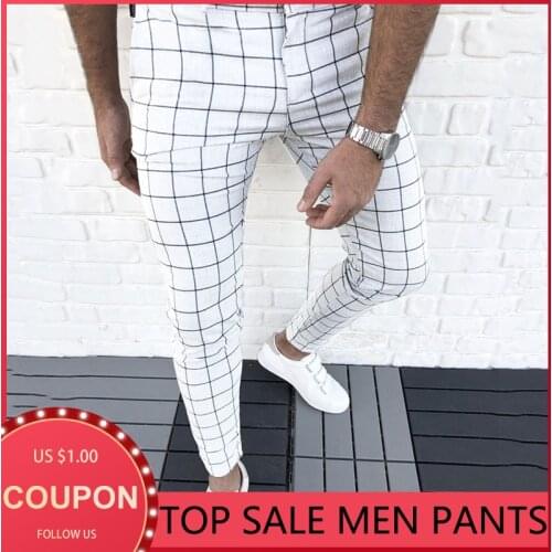 2021 Spring New Mens Plaid Zipper Casual Pants Fashion Mens Trousers Slim Striped Cotton Blends Pants Male Bottom All-Season