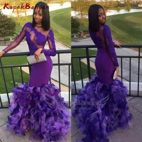 Black Girls Purple Prom Dresses Mermaid Sexy Back Design With Ruffles Unique Evening Dresses Lace Appliques Party Dresses