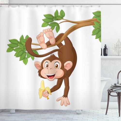 Monkey Shower Curtain Set Ape Eating a Banana on Branch Cartoon Curtain for Bathroom Decor 12 Hooks Decorative Bath Accessory