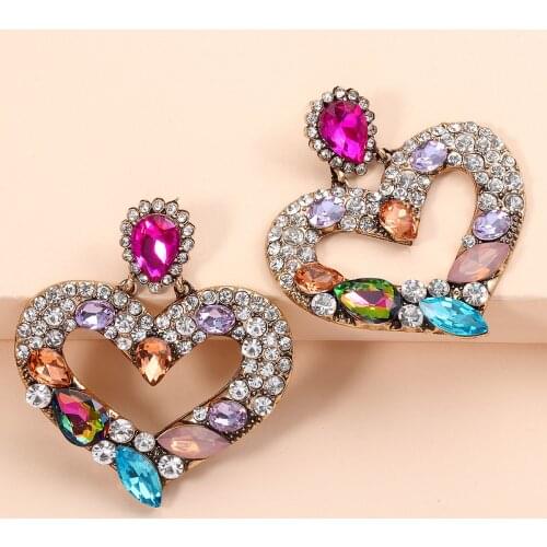Hot Selling Fashion Heart Shap Crystal Drop Earrings Women Colorful Stones Baroque Gogerous Earrings