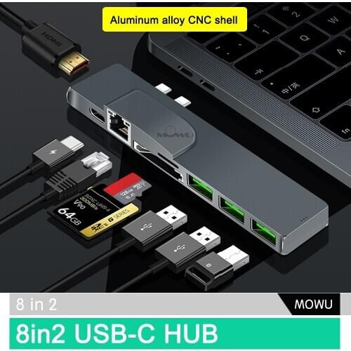 MOWU Dual Type-c HUB with Thunderbolt 3 USB3.0 SD/TF Card Reader 4K HDMI For MacBook Pro 2019 2018 2017 2016 13" 15" 8 in 2 HUB