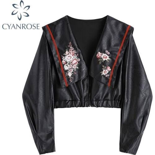 Autumn Fashion Motorcycle Jacket Women Short Faux Soft Black PU Leather Crop Jacket Long Sleeve Vintage Ladies Basic Street Coat