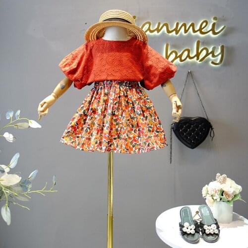 Summer girls clothes Baby Girls Clothes Sets Flowers Print Short Sleeve Ruffles Blouse Outfit Tops Flower Skirt Summer