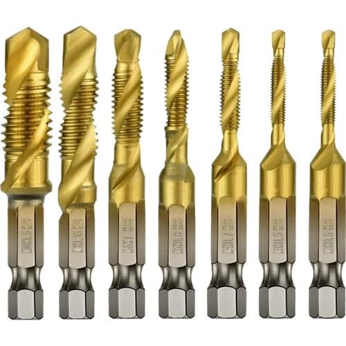7Pcs 1/4Inch Hex Shank Titanium Combination Drill and Tap Set Metric Thread HSS M3-M10 Screw Tapping Bit Tool