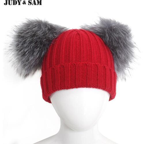 New Stylish Winter Wool Blend Knitted Hat for Boys with Unique Style of Silver Fox Fur Pom Pom for Girls