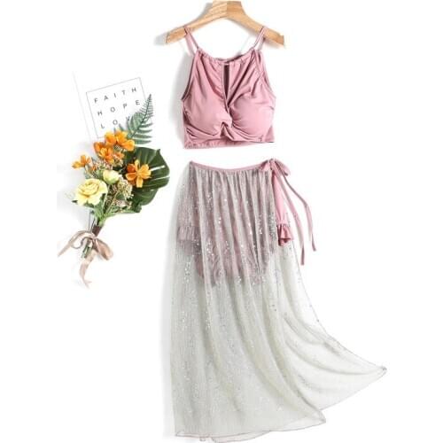 2021 New Korean Female Swimsuit High Waist Bikini Women Solid Swimwear Three Pieces Bikini Set Bather Bathing Suit Swim