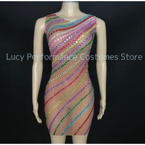 New colorful diamond rainbow transparent sexy sleeveless dress for birthday party mesh stage performance dress