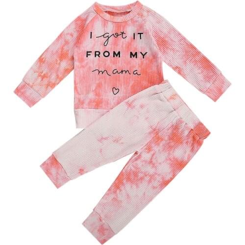 Baby Girls 2 Pieces Set Tie-Dye Letter Print Round Neck Long Sleeve Pullover T-Shirt+Trousers Sport Kids Autumn Outfits 1-5Y