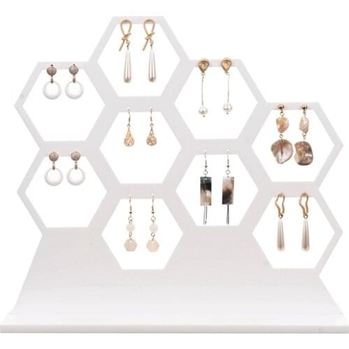 Natural Wood White Honeycomb Jewelry Earrings Necklace Storage Rack Holder Jewelry Display Stand Up to Hold 9 Earrings