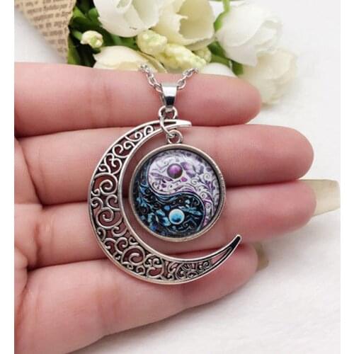 Ying Yang Butterfly Glass Hollow Moon Shape Pendant Silver Tone Necklace