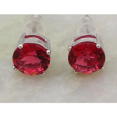 Silver Color Round Red Cubic Zirconia Stud Earrings For Womens Fashion Jewelry AE346