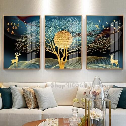 Three full square round diamond cross embroidery gold abstract deer tree bird Rhinestone embroidery jigsaw art home decor GG4317