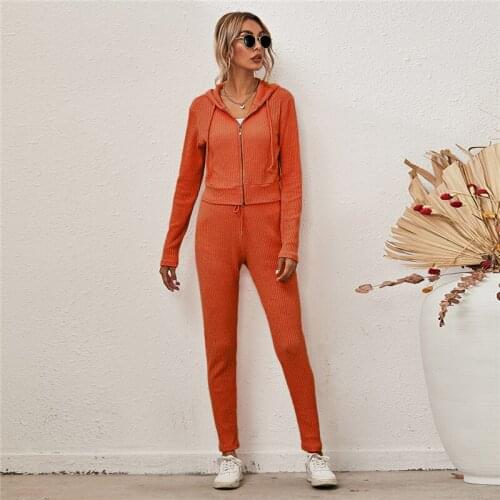 Knitted Tracksuit Women Two Piece Set Autumn Clothes Solid Color Zipper Hooded Top and Long Pants Suit Casual Lounge Wear Outfit
