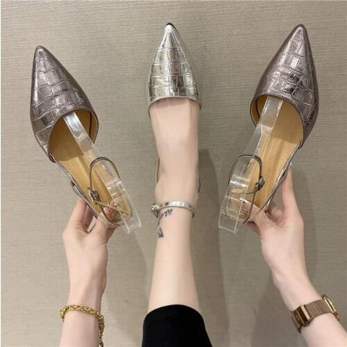 Womens Shoes Silver 2021 Sandals Summer Heels Buckle Strap Suit Female Beige New Fashion Girls Wedding Stiletto Closed Pointed