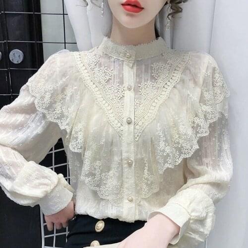 2021 female blouse spring and autumn retro shirt women all-match ruffled chiffon lace top long sleeve