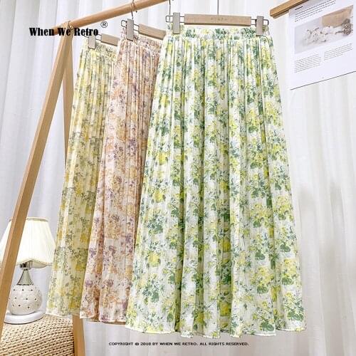 2021 Beach Long Boho Maxi Skirt VD1816 Women Summer Floral Print Chiffon Pleated Skirt