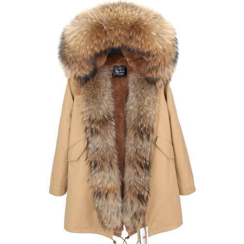 NEW Fashion Winter Women Real Raccoon Fur Removable liner Cotton Pike Warm Jacket
