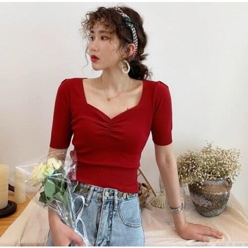 Summer 2021 New Korean V-neck Puff Sleeve Female Tops Fashion Solid Pleated Sexy Sweet Women Knitted T-shirt Y330