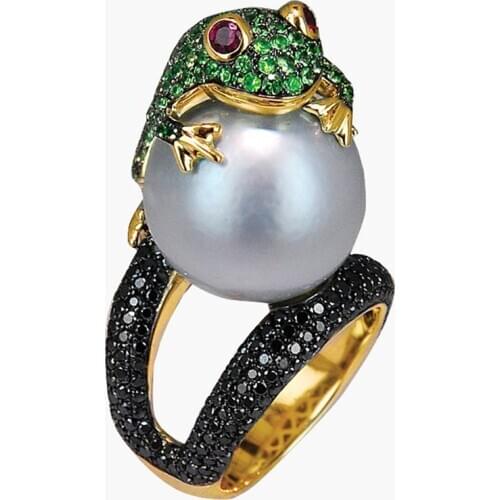 Vintage Green Cubic Zirconia Frog Hold Pearl Wedding Rings for Women Boho Animal Engagement Ring Fashion Gothic Jewelry Gifts