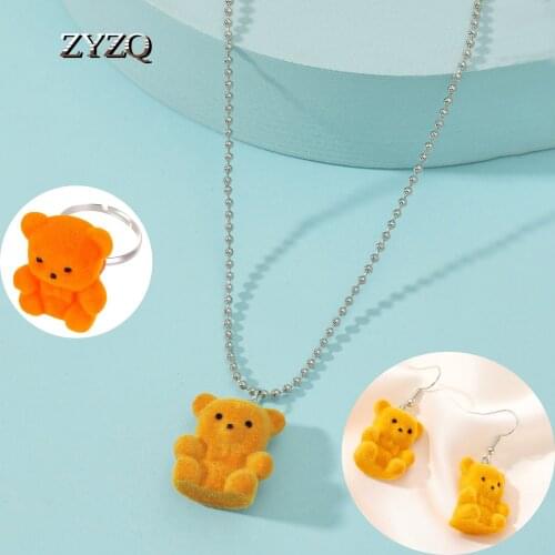 ZYZQ Kawaii Bear Jewelry Sets for Women Purple Rings/Earrings/Necklace Set Warm Birthday Party Wear Accessories Wholesale