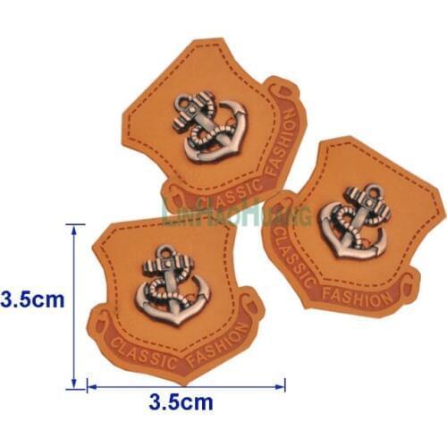 20pcs/lot 3.5cm Brown PU leather sew on Badges with antique copper brush metal plates clothing label for jeans/jacket