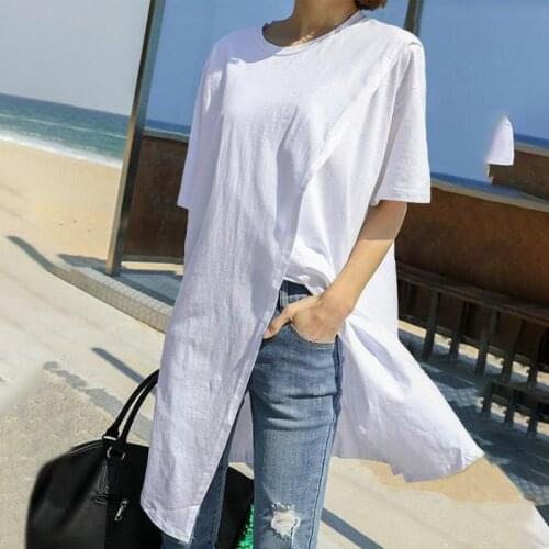 2021 T-Shirts Tops Women Blouse Plus Size Summer Casual Sexy Short Sleeve Round Neck Split Hem Party Shirts Bohemian Blusa