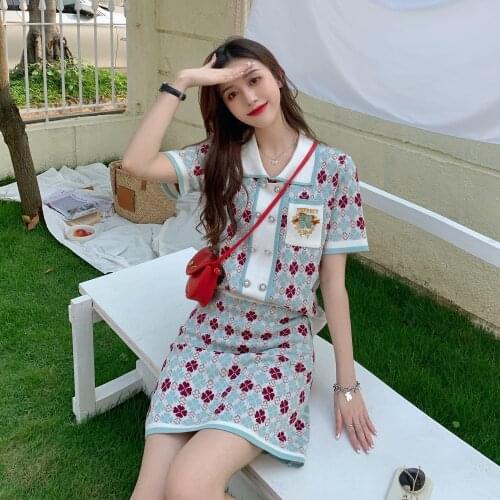 2021 New High Quality Summer Fashion Runway Knitted 2 Piece Set Women Short Sleeve Top+High Waist Skirt Suit Jacquard Set