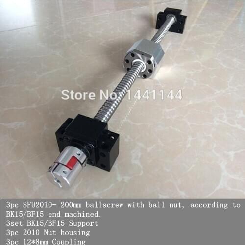 3set SFU2010- 200mm ball screw with ball nut +3set BK15 / BF15 Support +3pcs 2010 Nut housing +3pcs 12*8mm Coupling
