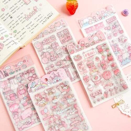 4 Sheets Cute Pink Unicorn Sakura PET Sticker Decorative Diary Journal Srapbooking Planner Stickers Aesthetic Kawaii Stationery