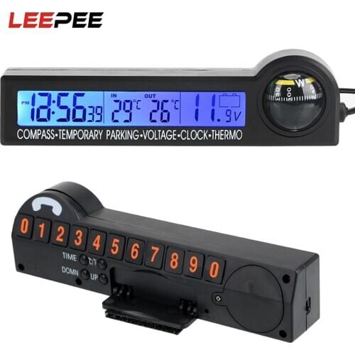5 in 1 Car Temporary Parking Card LCD Display Clock Calendar Compass Thermometer Voltage Tester Backlight Screen Multi-Function