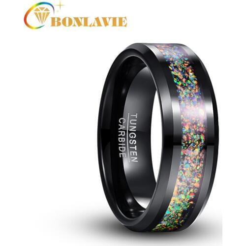 8mm Colorful Inlaid Real Broken Opel Tungsten Steel Ring for Men Electroplated Black Polished Rings Anniversary Wedding Ring